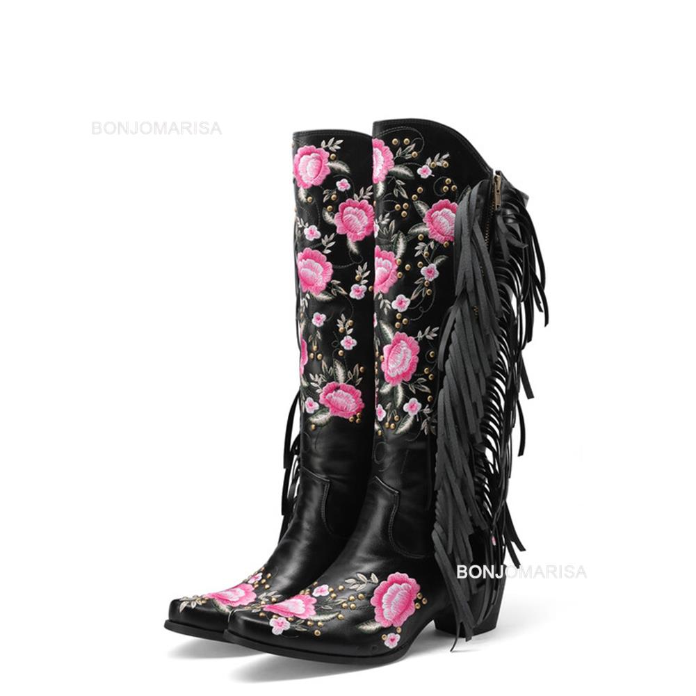 2023 Brand New High Heeled Women Knee High Western Boots Pointed Toed Fringed Flower Zip Spring Autumn Lady Shoes