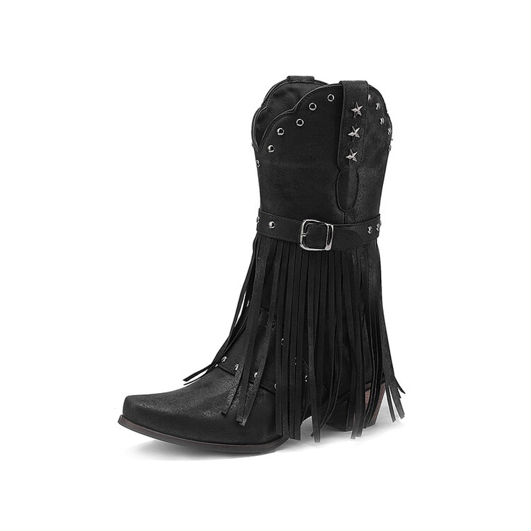 2023 Brand New High Heeled Women Western Mid-calf Boots Pointed Toed Fringed Buckle Metal Star Decor Spring Shoes