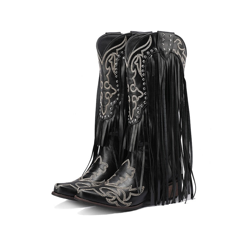 2023 Brand New High Heeled Women Western Mid-calf Boots Pointed Toed Fringed Slip-on Spring Autumn Fashion Shoes