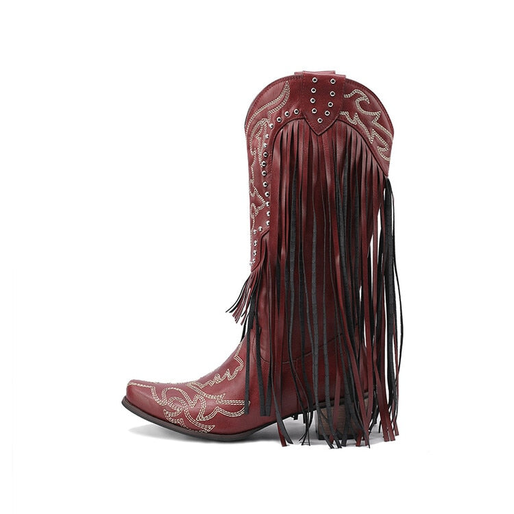 2023 Brand New High Heeled Women Western Mid-calf Boots Pointed Toed Fringed Slip-on Spring Autumn Fashion Shoes