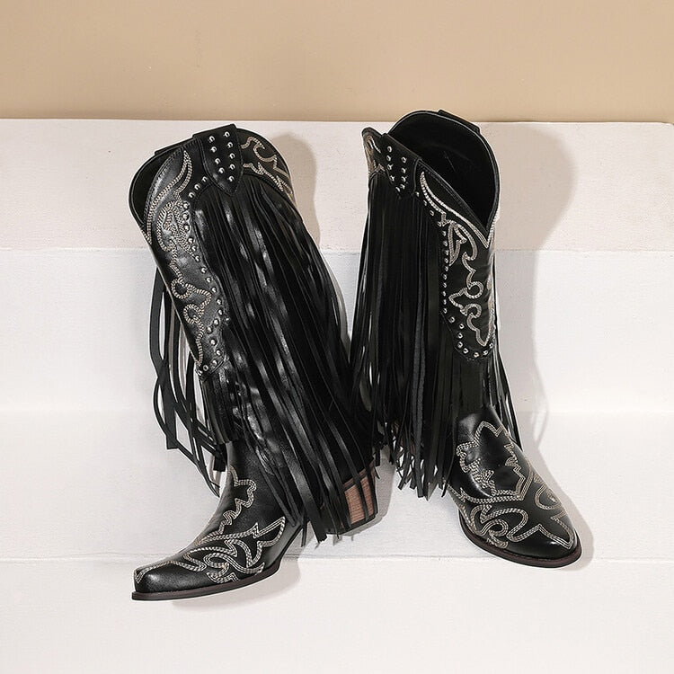 2023 Brand New High Heeled Women Western Mid-calf Boots Pointed Toed Fringed Slip-on Spring Autumn Fashion Shoes