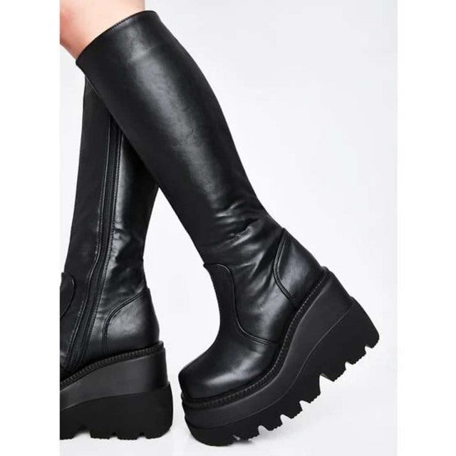 2023 Gothic Punk Biker Women Thigh Boots Wedges High Heels Platform Over The Knee Boots Autumn Shoes