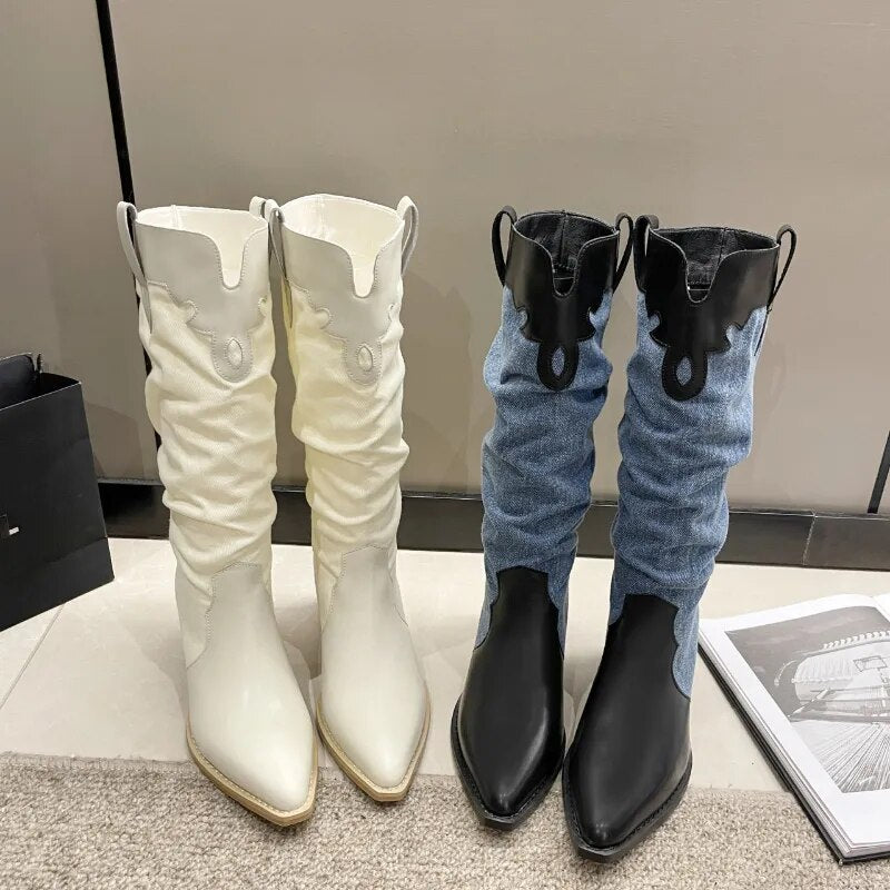 2023 New Western Cowboy Boots for Women Autumn Winter Pointed Toe