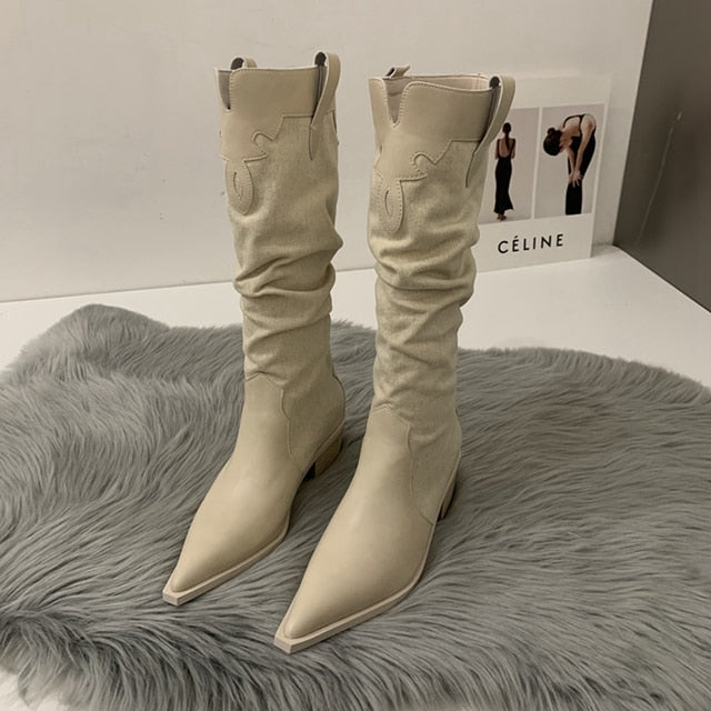 2023 New Western Cowboy Boots Ladies Vintage Pointed Toe Denim Winter Women Knee High Boots Long Slip On Pleated Shoes Female