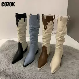 2023 New Western Cowboy Boots Ladies Vintage Pointed Toe Denim Winter Women Knee High Boots Long Slip On Pleated Shoes Female