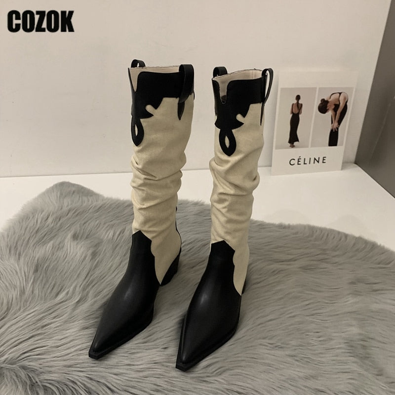 2023 New Western Cowboy Boots Ladies Vintage Pointed Toe Denim Winter Women Knee High Boots Long Slip On Pleated Shoes Female