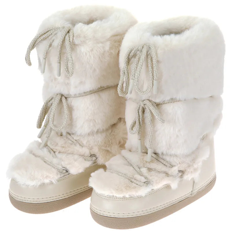 2023 Winter Fur Boots Snow Boots Women Ski Boots Fluffy Hairy Lace Up Middle Calf Platform Flat With White Cotton Boots