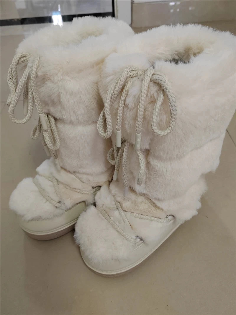 2023 Winter Fur Boots Snow Boots Women Ski Boots Fluffy Hairy Lace Up Middle Calf Platform Flat With White Cotton Boots