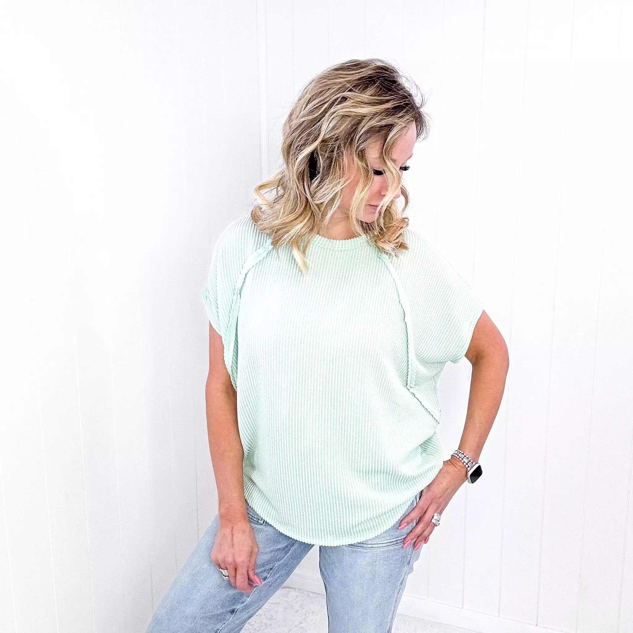 Andree Textured Line Ribbed Short Sleeve Top in 3 Colors