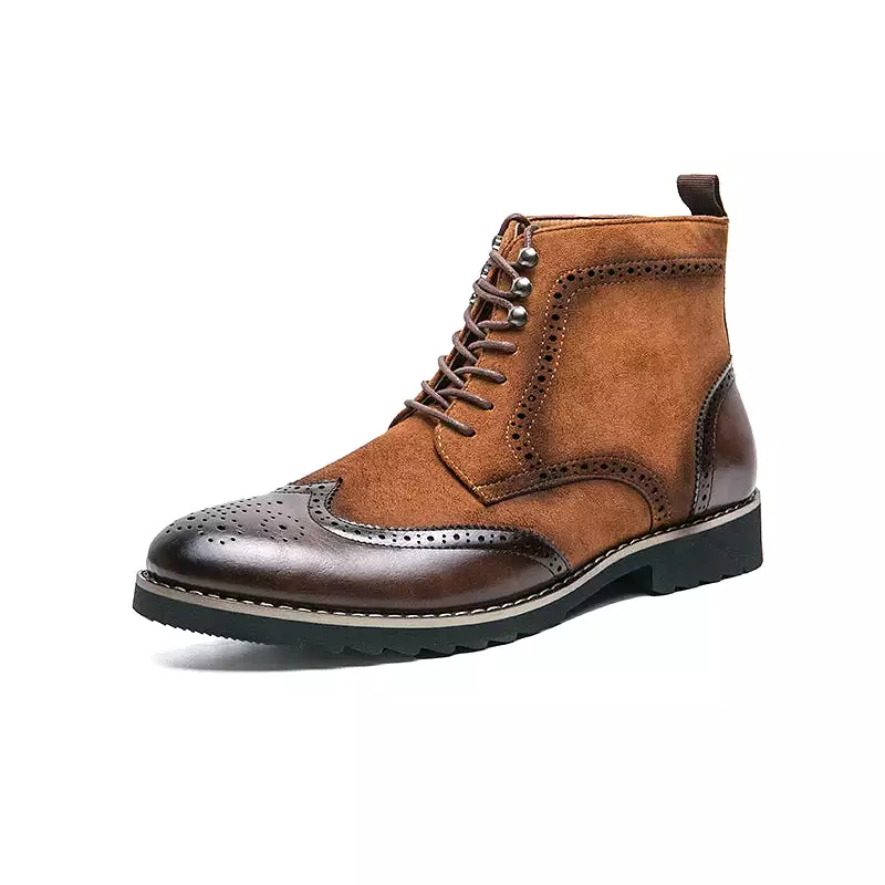 Ashore Shop New Men's Retro Boots Brown Flock Lace-up Shoes