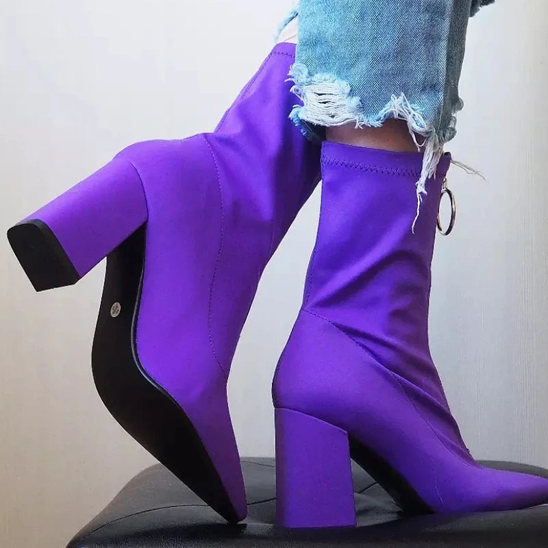 Ashore Shop Women Shoes winter Fashion Pointed boots Stretch fabric Front zipper Ankle Boots short boots sexy High heels shoes