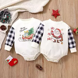 Baby Kid Girls Letters Checked Cartoon Print Christmas Rompers Wholesale 23102408