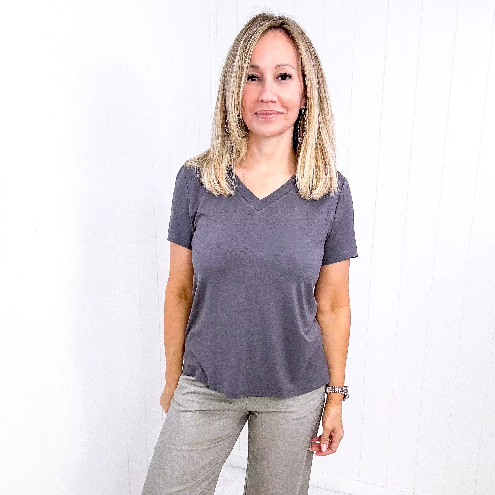 Basic Solid V Neckline High Low Short Sleeve Top in 4 Colors