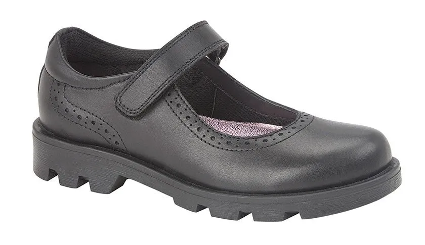 Black Leather Mary Jane School Shoes Roamers Strap Over G192A