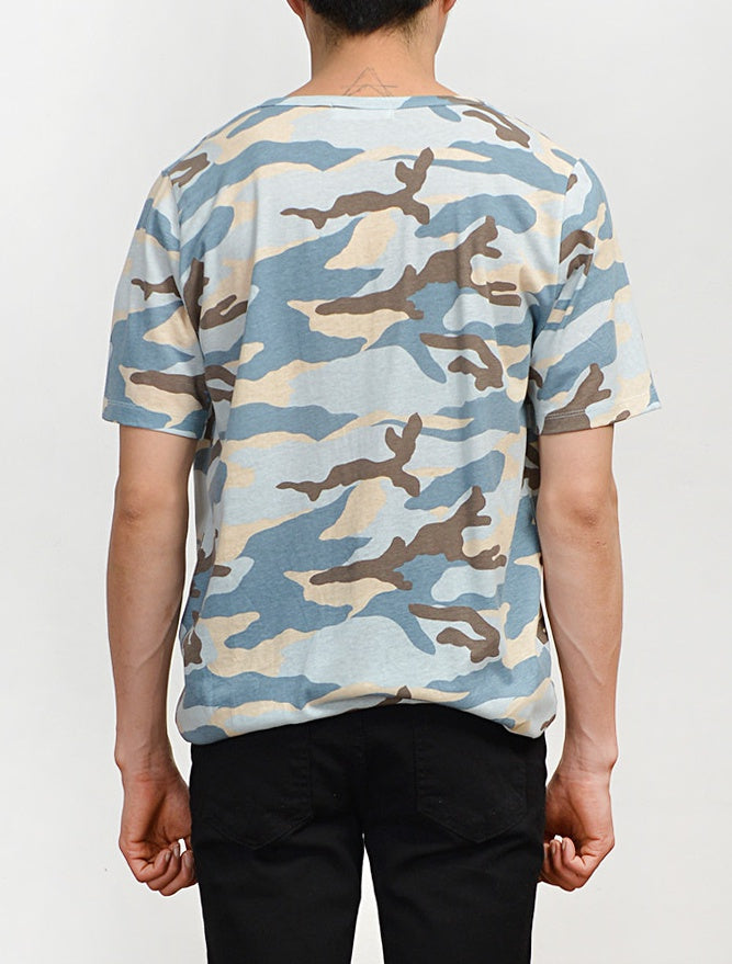 Blue Camouflage Short Sleeve Tshirts Mens Military Tees Scoop Neck Top