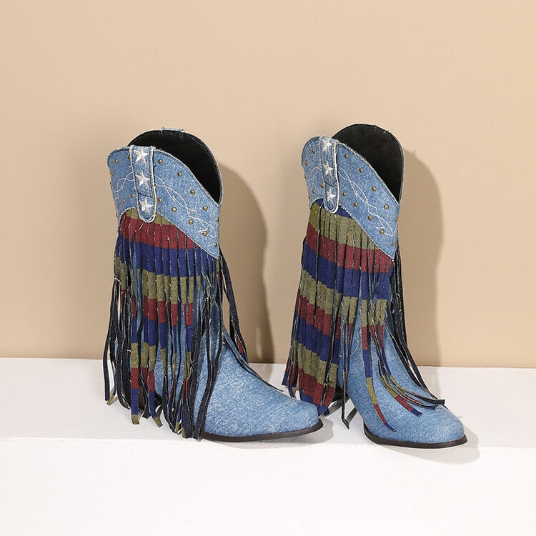 Cowboy Cowgirl Boots  Women High Heeled Western Mid-calf Boots Pointed Toed Denim Fringe Star Embroidered Shoes