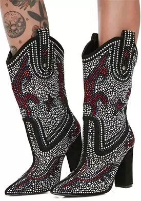 Cowgirl Boots Women Luxurious Crystal Rhinestone Studded Mid Calf Boots