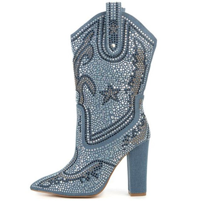 Cowgirl Boots Women Luxurious Crystal Rhinestone Studded Mid Calf Boots