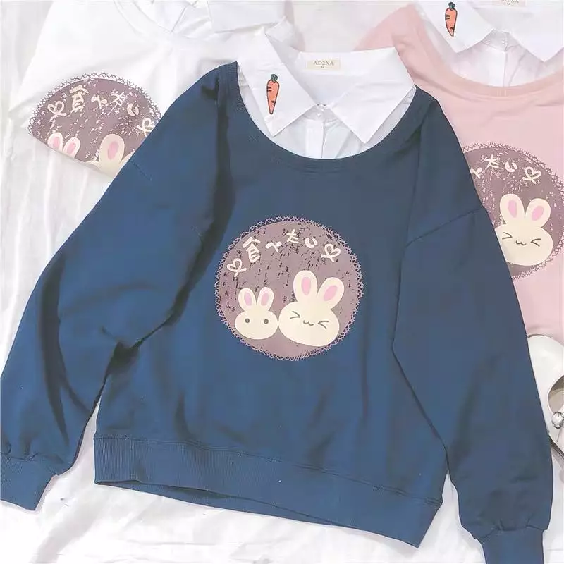 CUTE BUNNY BESTIE FAKE TWO-PIECES SWEATSHIRT BY30706