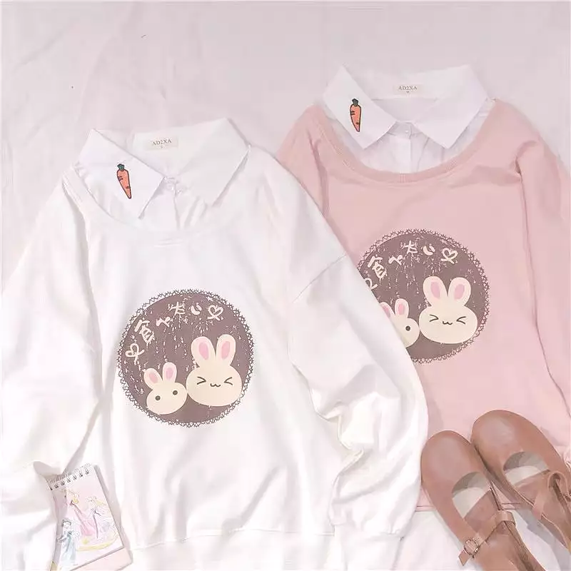 CUTE BUNNY BESTIE FAKE TWO-PIECES SWEATSHIRT BY30706