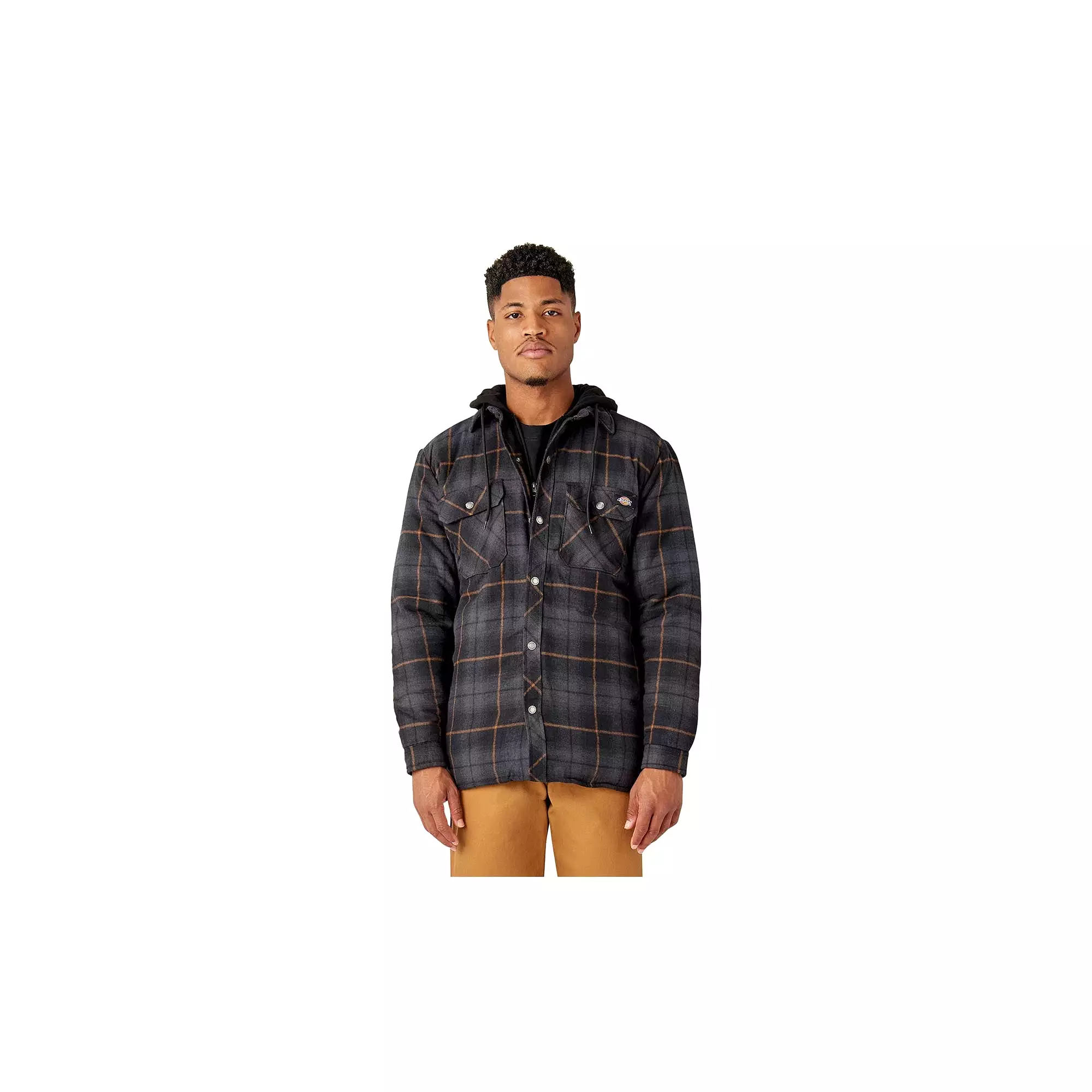 Dickies Fleece Hooded Flannel Shirt Jacket Black Charcoal Ombre Plaid