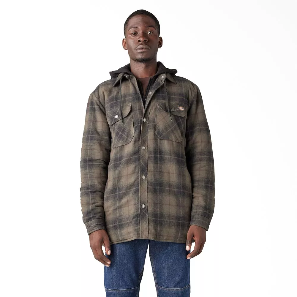 Dickies Men's Hooded Flannel Shirt Jacket with Hydroshield TJ211 - Moss Chocolate Plaid