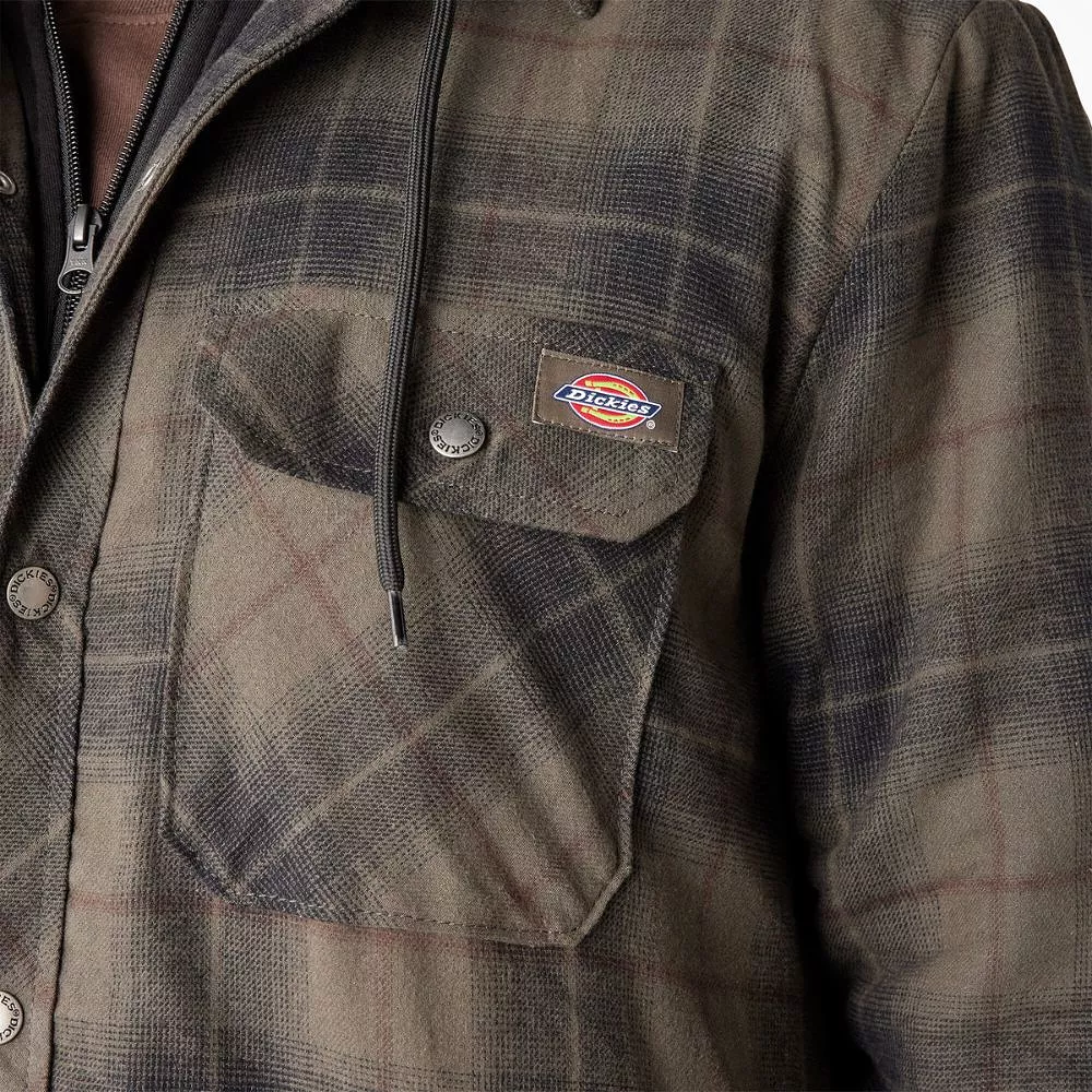 Dickies Men's Hooded Flannel Shirt Jacket with Hydroshield TJ211 - Moss Chocolate Plaid