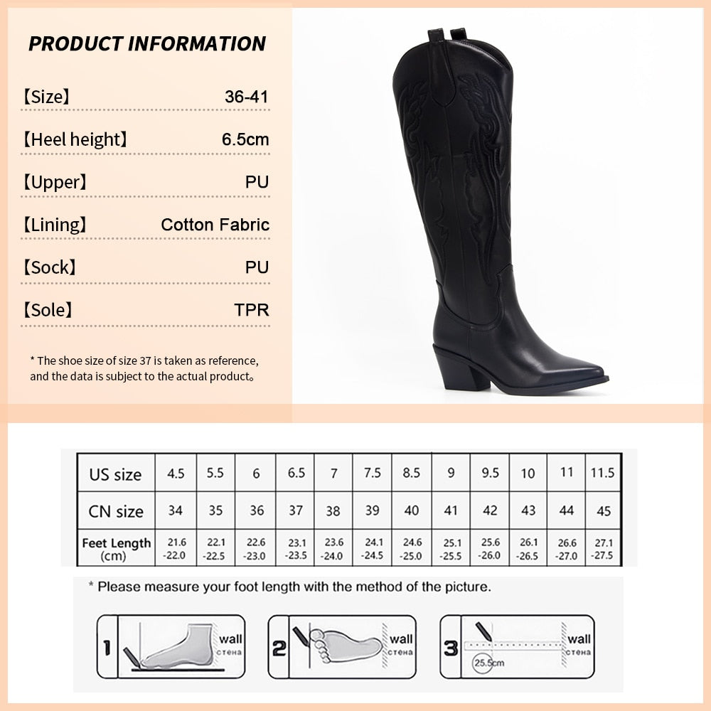 Embroidered Cowboy Boots for Women Knee High Midium Chunky Heel Pointed Toe Retro Classic Western Cowgirl Boots