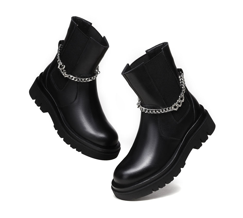 EVERAU Black Leather Ankle Boots With Removable Metal Chain Decor Women Cheska