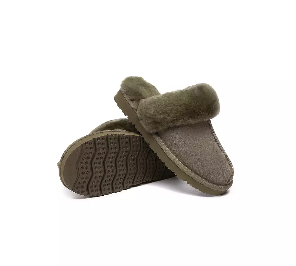 EVERAU UGG Sheepskin Wool Suede Scuff Slippers Muffin