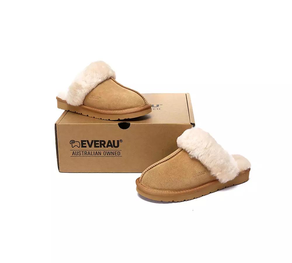 EVERAU UGG Sheepskin Wool Suede Scuff Slippers Muffin