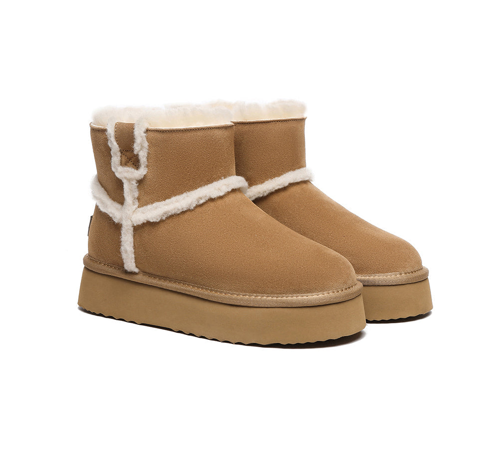 EVERAU UGG Women Sheepskin Wool Shearling Lined Ankle Boots Schunck Platform