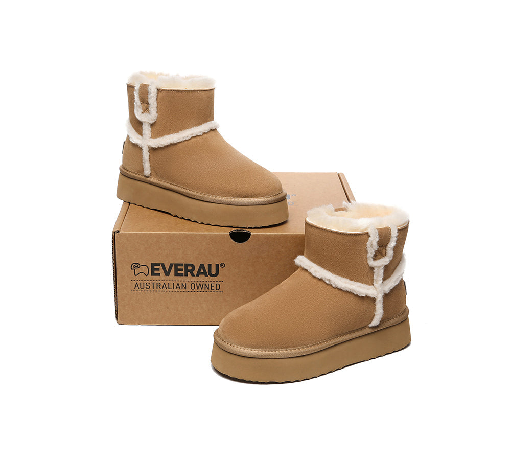 EVERAU UGG Women Sheepskin Wool Shearling Lined Ankle Boots Schunck Platform