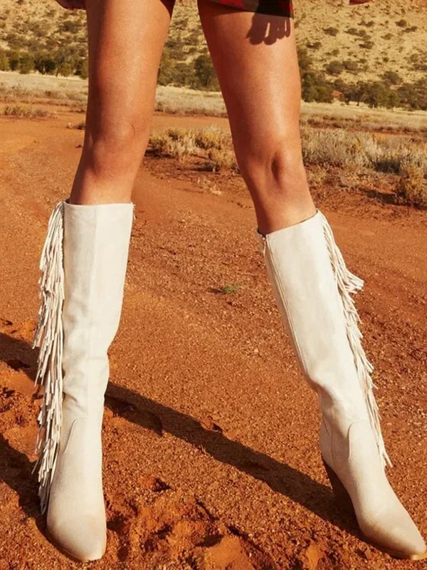 Fringe White Cowboy Boots For Women Western Cowgirl Side Zip White Knee High Shoes For Women 2024