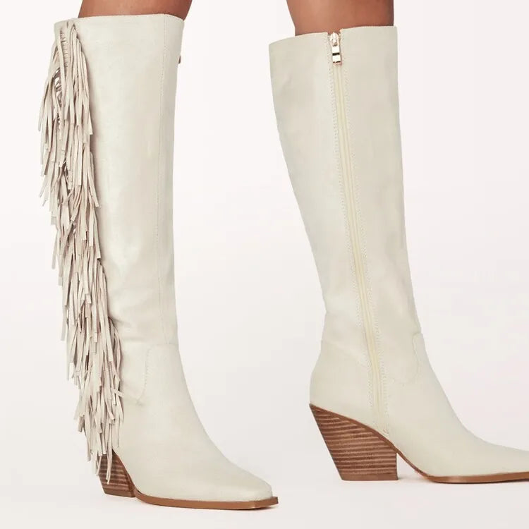 Fringe White Cowboy Boots For Women Western Cowgirl Side Zip White Knee High Shoes For Women 2024