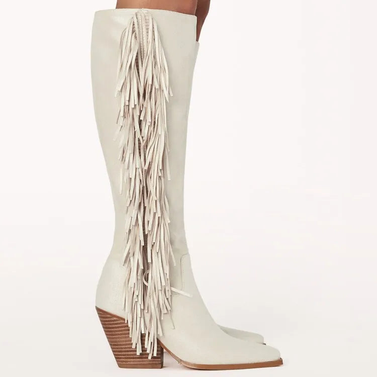 Fringe White Cowboy Boots For Women Western Cowgirl Side Zip White Knee High Shoes For Women 2024