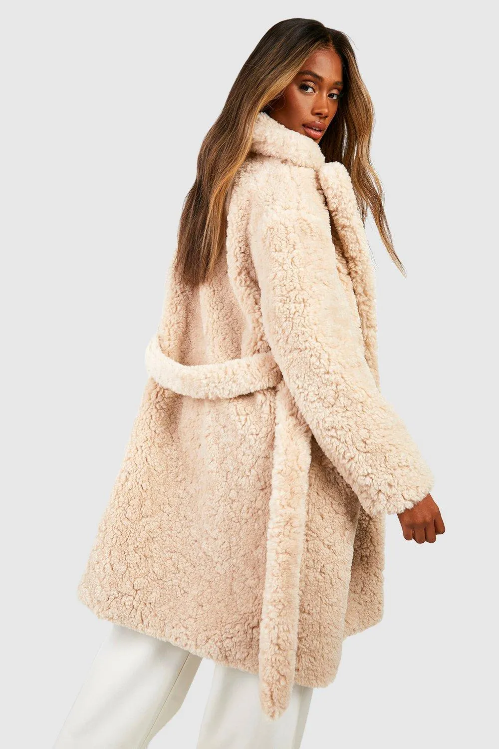 Jackets & Coats | Textured Belted Faux Fur Coat | boohoo