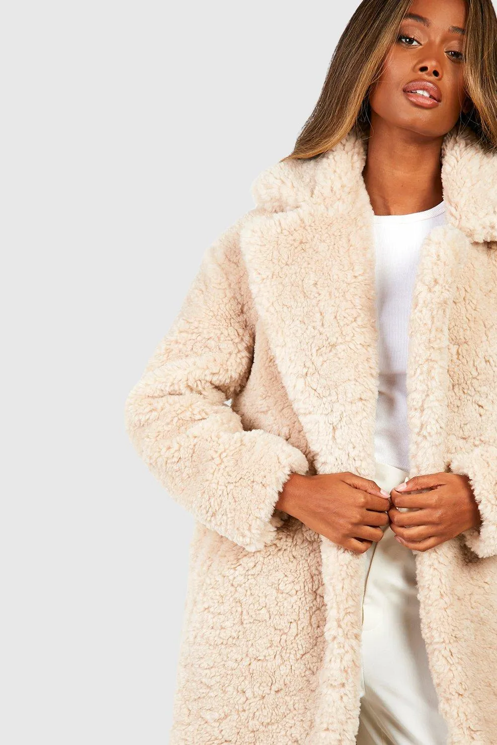 Jackets & Coats | Textured Belted Faux Fur Coat | boohoo