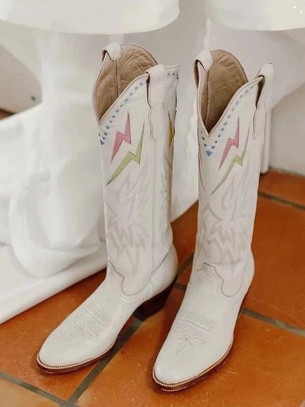 Knee High Cowboy Boots Women With Embroidery New Fashion Free Shipping White Cowgirl Boots For Wedding Western Shoes