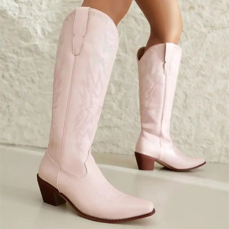 Knee High Cowboy Boots Women With Embroidery New Fashion Free Shipping White Cowgirl Boots For Wedding Western Shoes