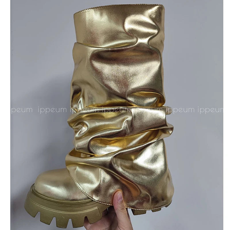 Metallic Boots Mid Calf In Gold Shark Botas Luxury Winter Platform y2k Shoes For Women Free Shipping