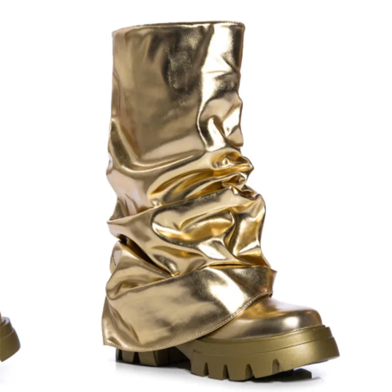 Metallic Boots Mid Calf In Gold Shark Botas Luxury Winter Platform y2k Shoes For Women Free Shipping