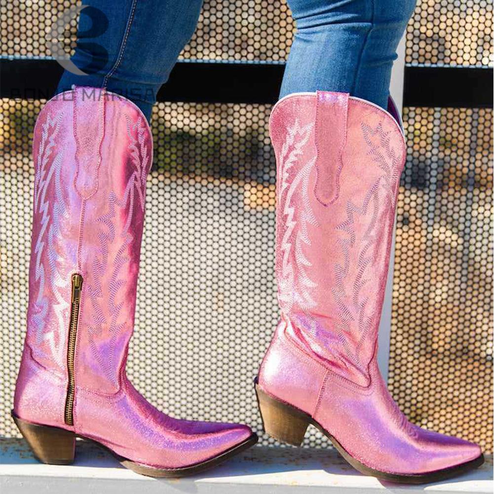 Metallic Shiny Pink Cowboy Cowgirl western Boots For Women