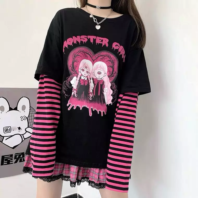 “MONSTER GIRL” BLACK AND PINK PUNK FAKE TWO PIECES SHIRT BY90189