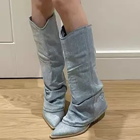 Pleats Blue Denim Thigh High Boots for Women 2023 Autumn Thick Heeled Pointed Toe Cowboy Boots Woman Slip On Western Long Boots