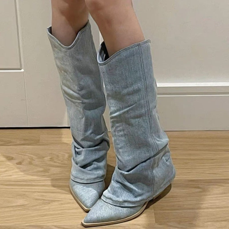 Pleats Blue Denim Thigh High Boots for Women 2023 Autumn