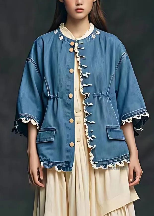 Plus Size Blue Cinched Pockets Patchwork Coats Fall