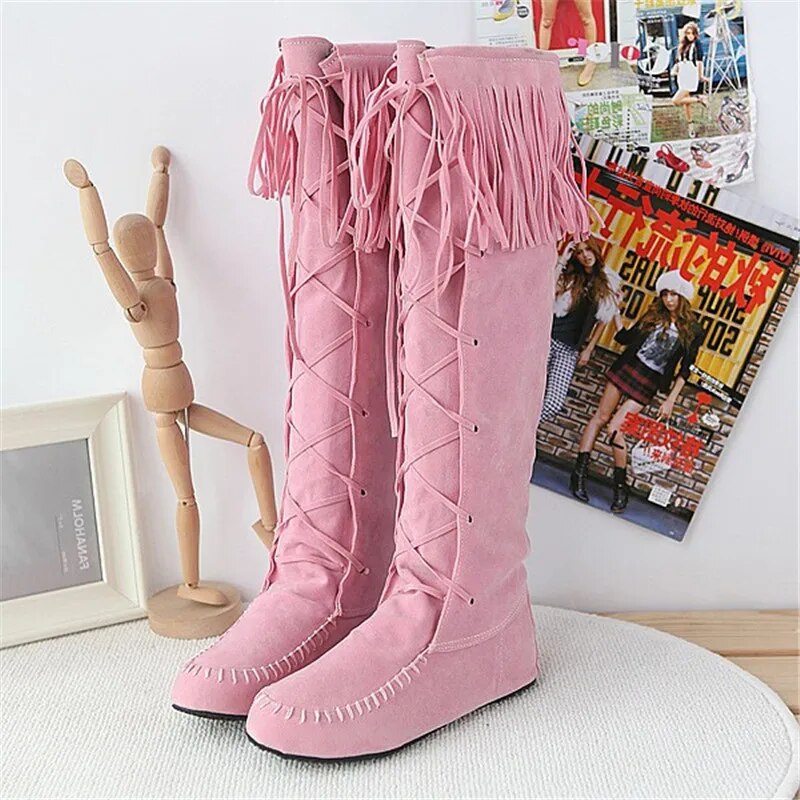 Plus Size Flat Western Boots Size Rope Braided Frosted Inner Increase Tassel High Boots