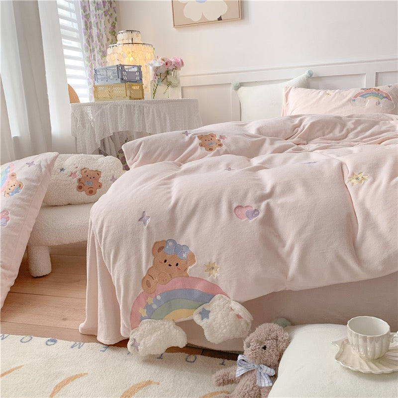 Premium baby soft fleece rainbow bear Cream yellow / baby blue/ baby pink bedding set duvet cover bed sheet pillow cases bedding