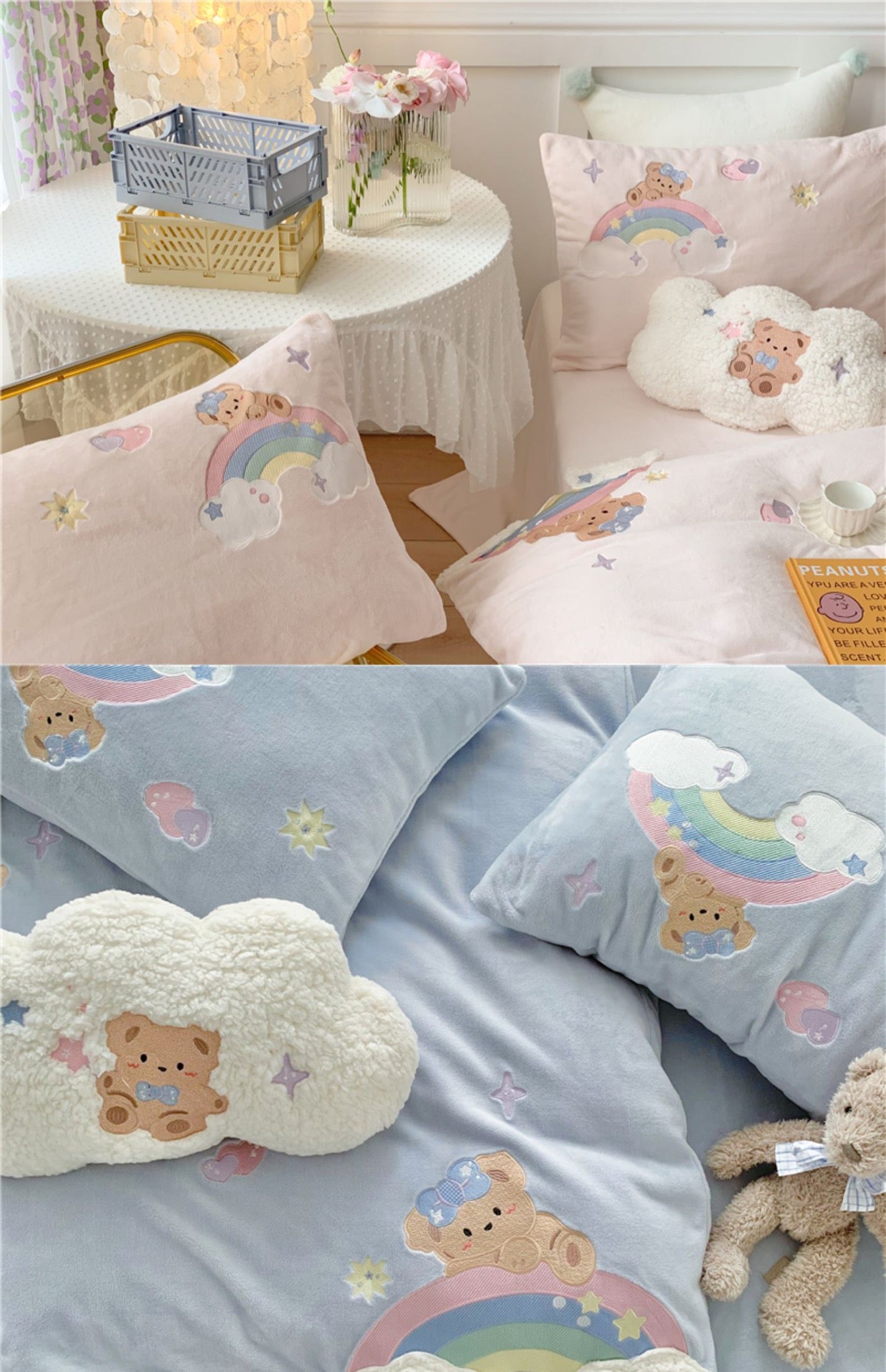 Premium baby soft fleece rainbow bear Cream yellow / baby blue/ baby pink bedding set duvet cover bed sheet pillow cases bedding